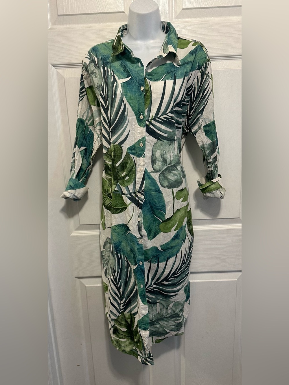 Tropical Green Leaf Maxi Shirt Dress